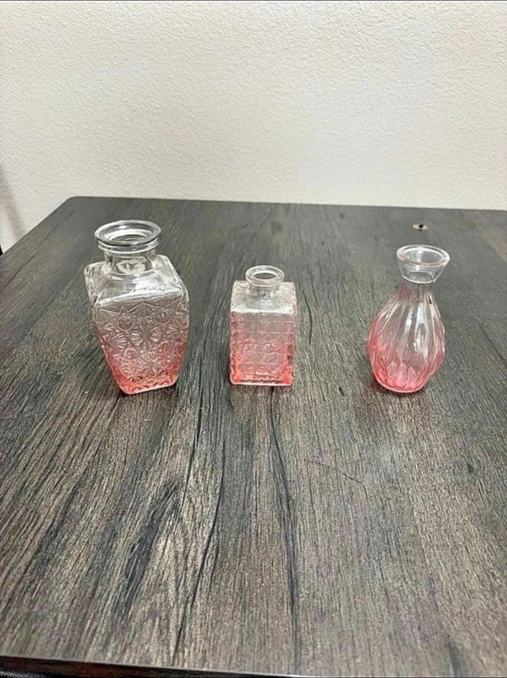 Set of 3 Glass Vases in Clear & pink